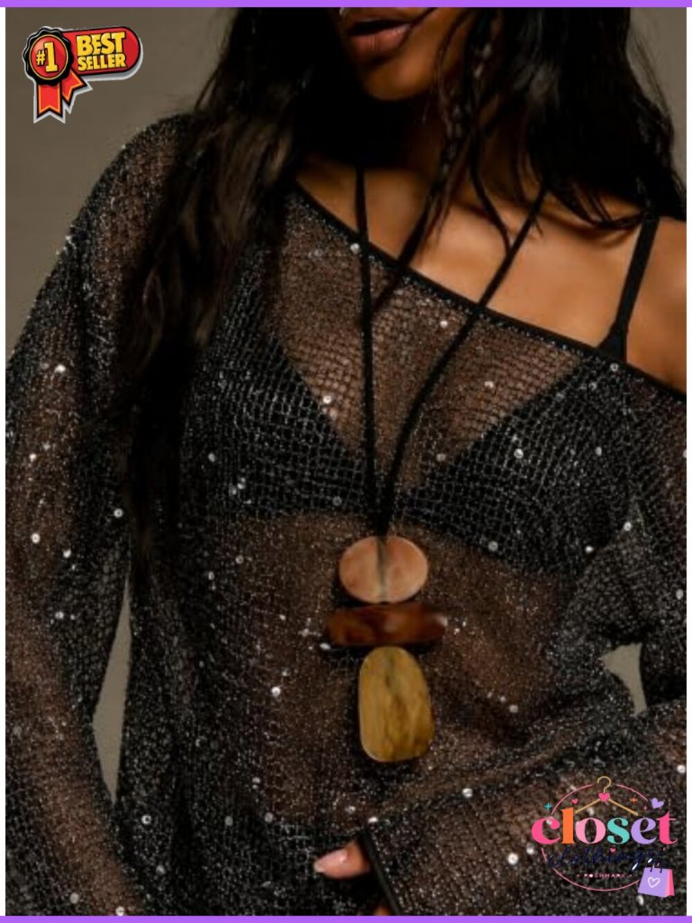 Sequin Sheer Crochet Knit Long Sleeve Hollow Out Coverup Top - Picture 2 of 6